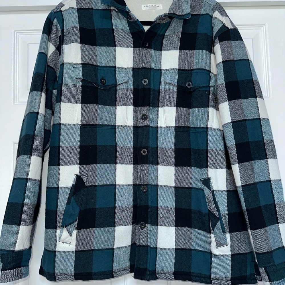 Mens Plaid Button-Up Jacket Coat - Teal, Black & White